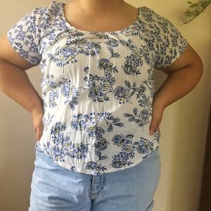 Navy, white and yellow floral short-sleeve top